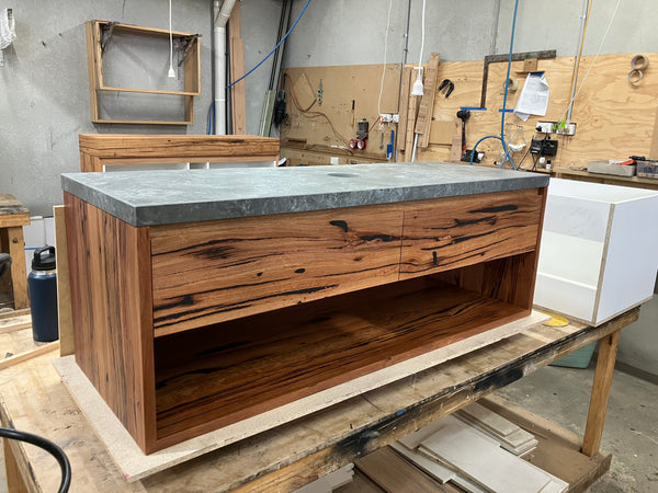 Recycled Messmate vanity with dark grey stone top