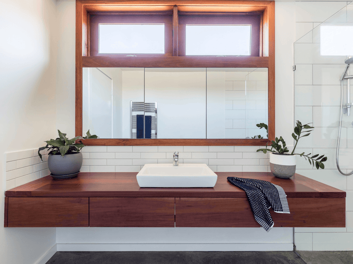 Timber vanity with semi inset basin
