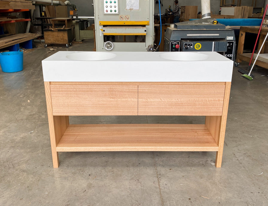 Omvivo neo 1400 bench top with timber vanity freestanding