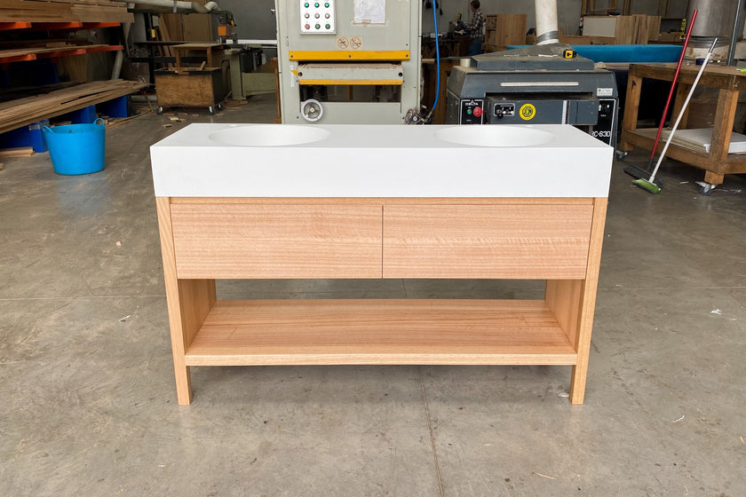 Omvivo neo 1400 bench top with timber vanity freestanding