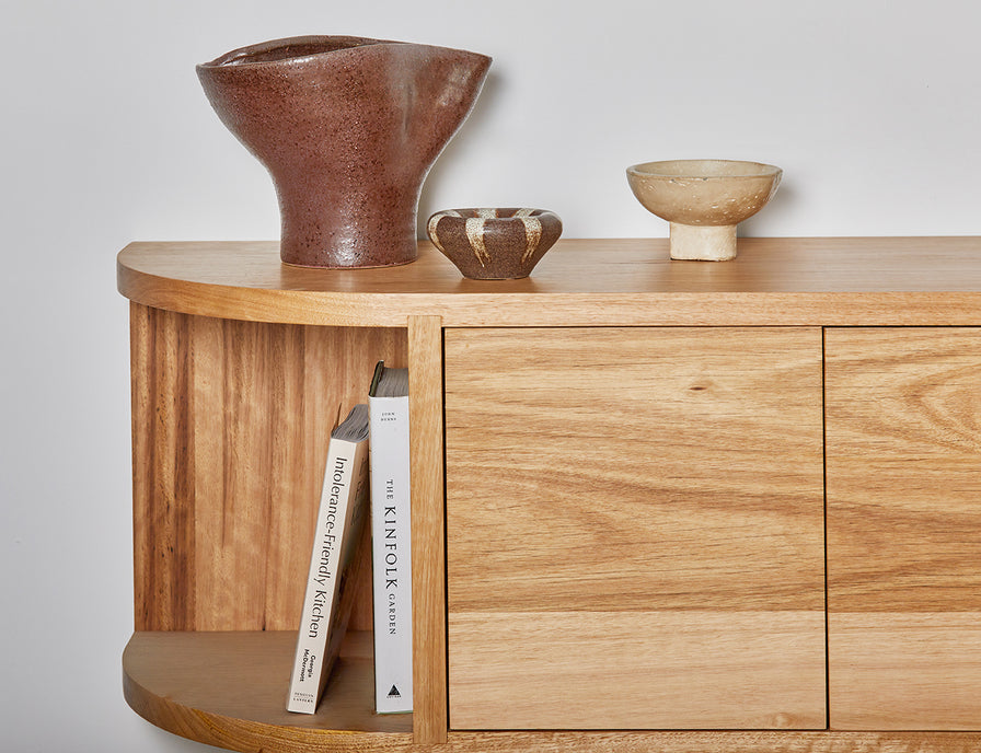 made to order wooden TV cabinet with curved open shelves