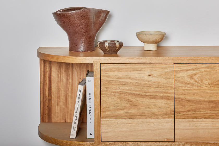 made to order wooden TV cabinet with curved open shelves