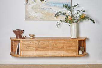 made to order timber TV cabinet with curves