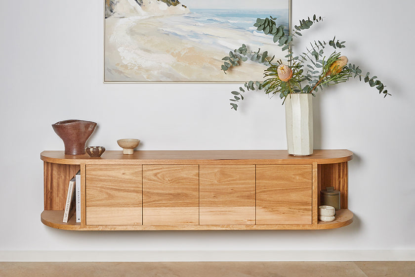 made to order timber TV cabinet with curves