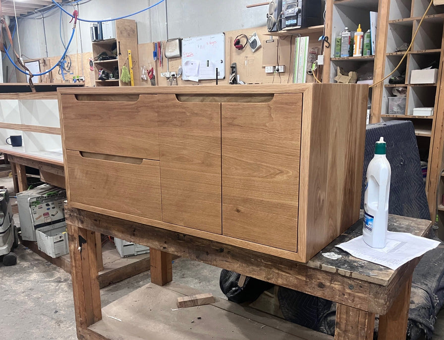 Inverloch blackbutt wooden vanity with drawers and cupboards