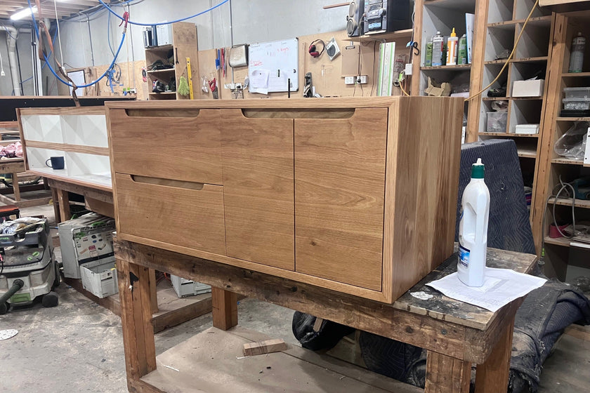 Inverloch blackbutt wooden vanity with drawers and cupboards