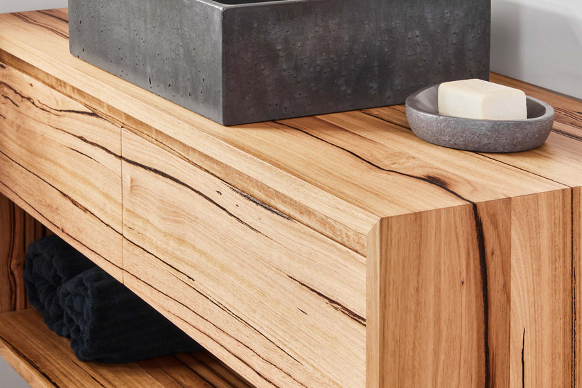 made to order timber vanity with open shelf