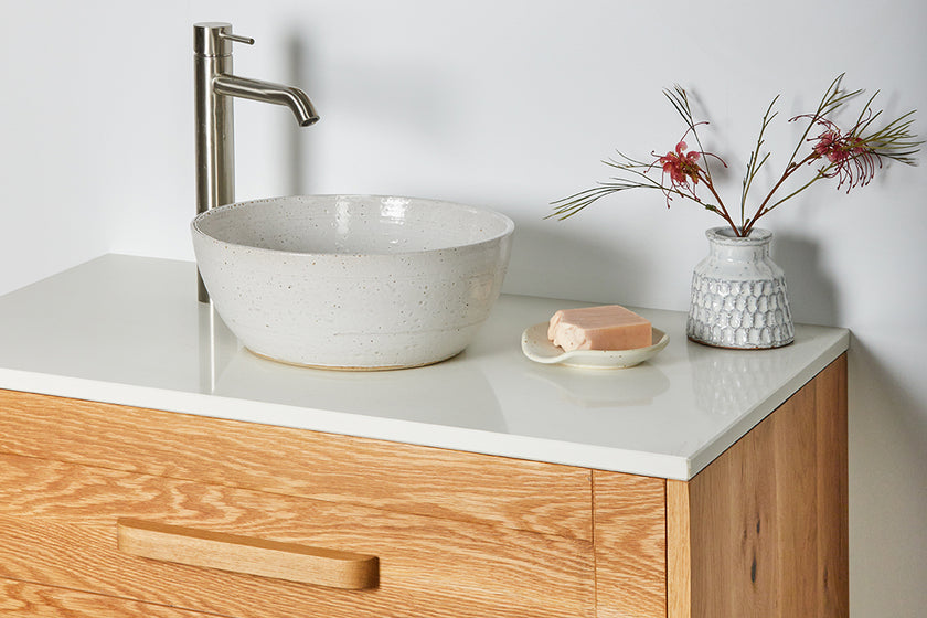 American Oak timber vanity with white stone top 