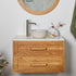 Timber bathroom vanity with shaker style drawers, handles and white stone top