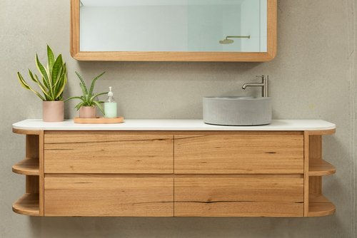Timber Vanity Rounded Solid timber vanity with curved stone top | Timber Vanity Melbourne