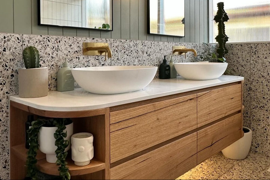 Timber Vanity Rounded Solid timber vanity with curved stone top | Timber Vanity Melbourne