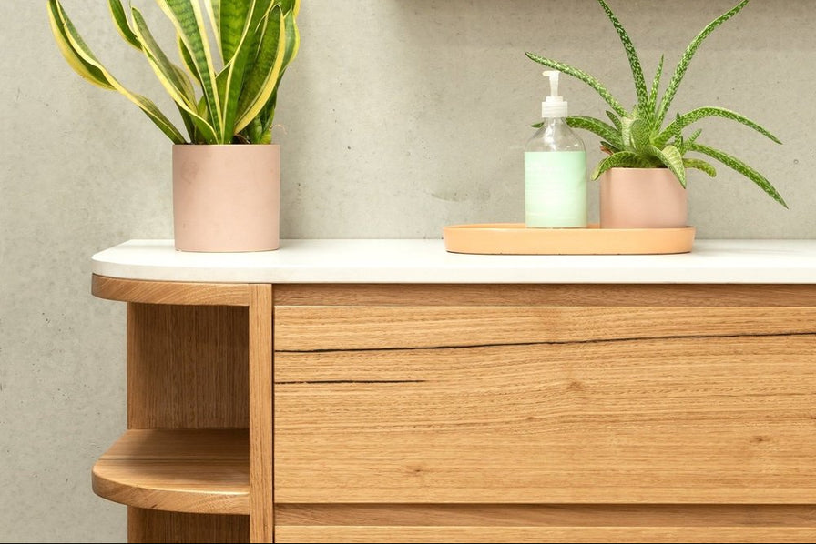 Timber Vanity Rounded Solid timber vanity with curved stone top | Timber Vanity Melbourne