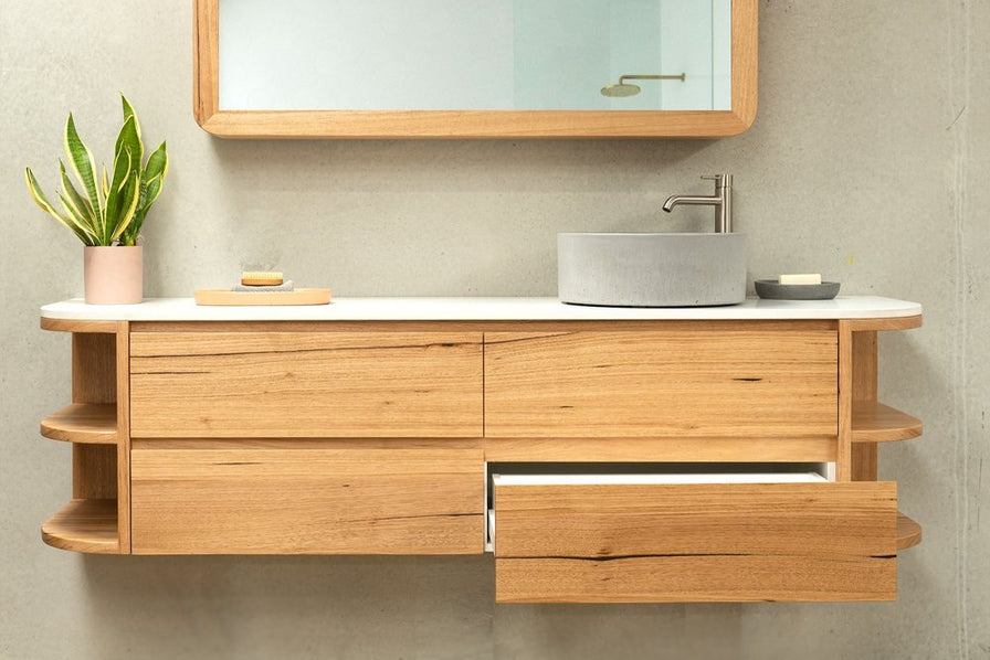 Timber Vanity Rounded Solid timber vanity with curved stone top | Timber Vanity Melbourne