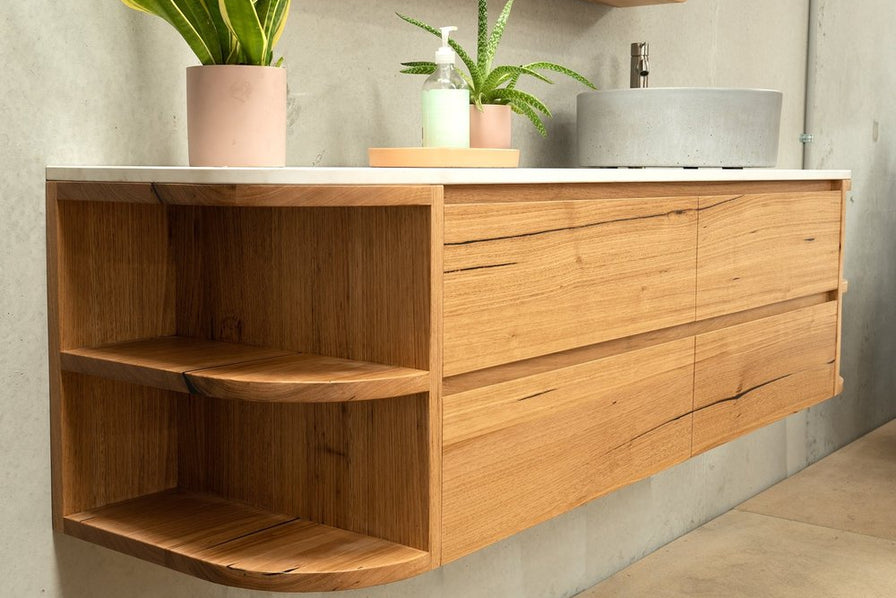 Timber Vanity Rounded Solid timber vanity with curved stone top | Timber Vanity Melbourne