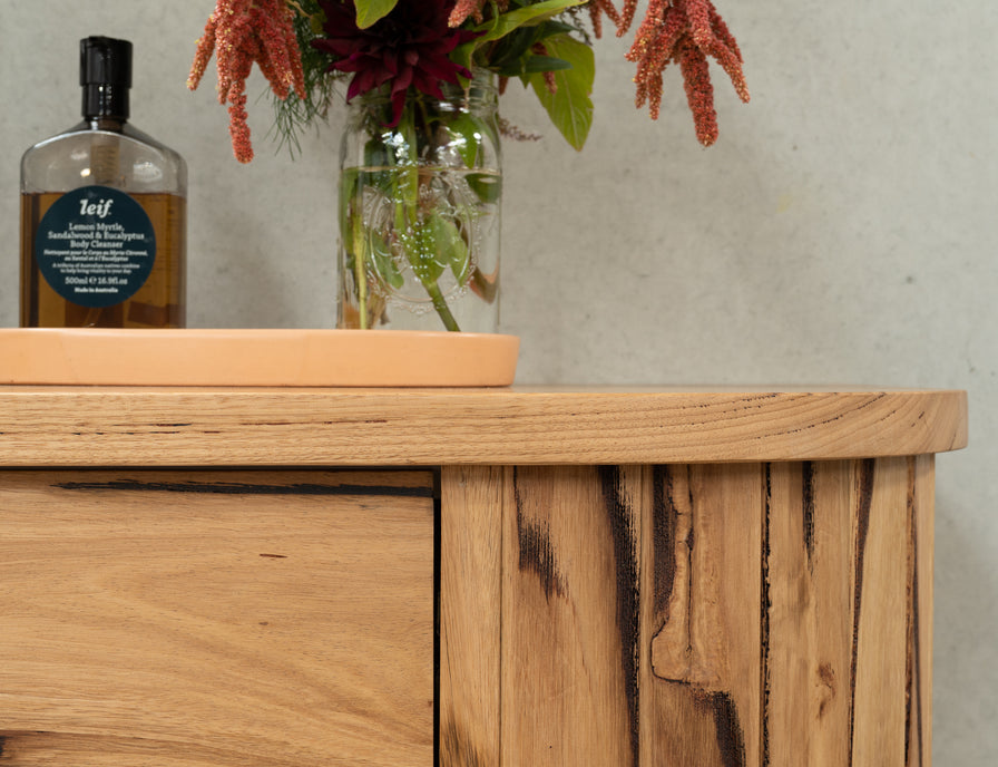 Recycled Messmate timber vanity with curves at the end