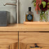 recycled timber vanity with round handles and curved ends