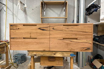 4 drawer timber vanity in Messmate with integrated handles