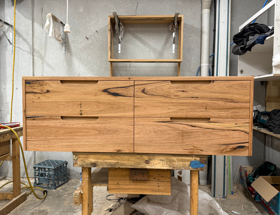 4 drawer timber vanity in Messmate with integrated handles