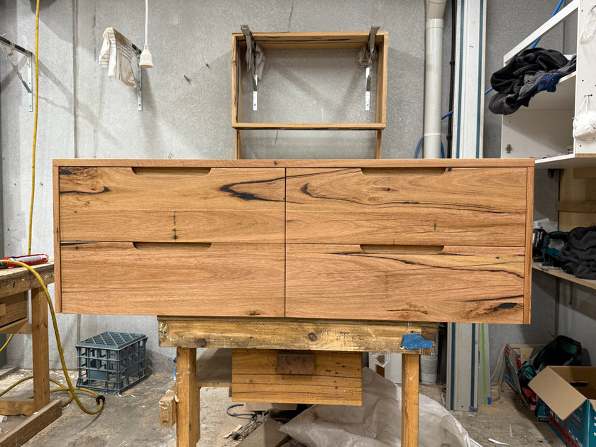 4 drawer timber vanity in Messmate with integrated handles