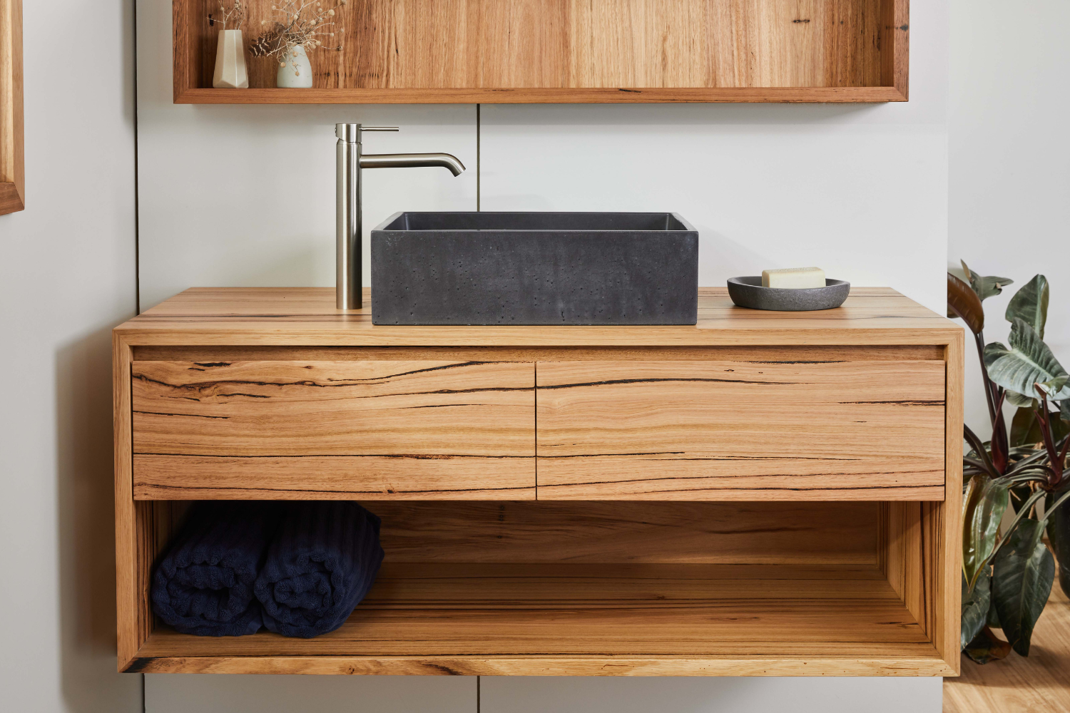 Made to order timber vanity with drawers and open shelf