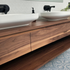 Walnut timber vanity with drawers and open shelf