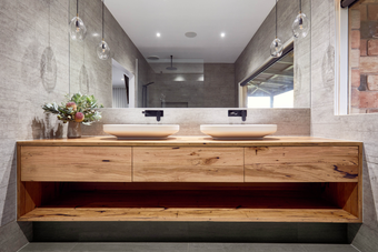 Custom made timber vanity with open shelf
