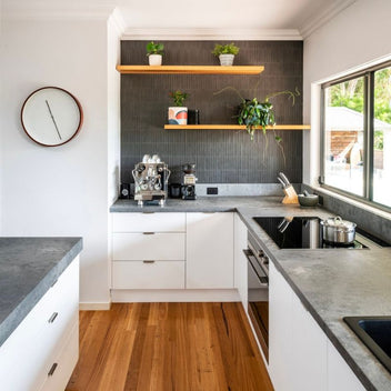 Jan Juc House | Wooden Bench Top | Floating Timber Shelves | Bombora ...