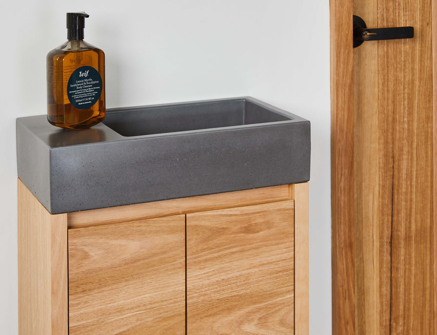 timber small vanity with concrete basin