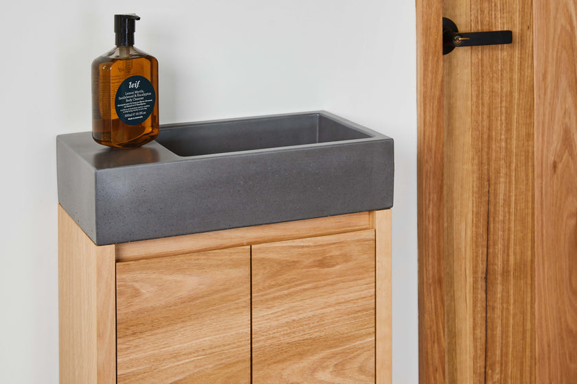 timber small vanity with concrete basin