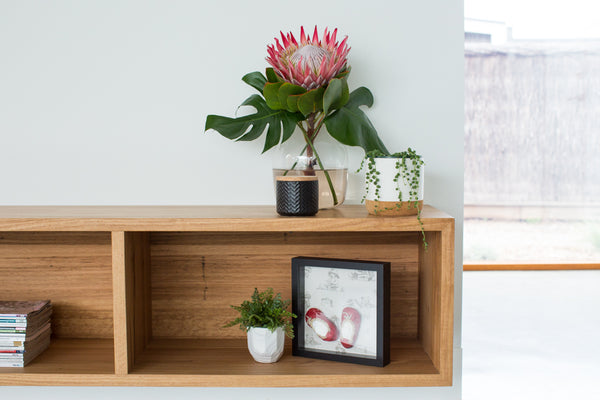 made to order timber TV unit with open shelves