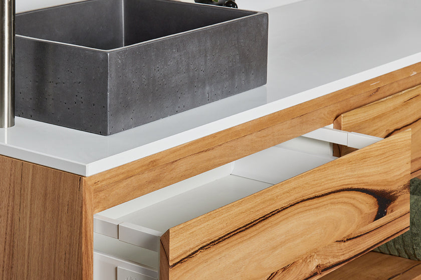 Messmate timber vanity with open shelf and stone top