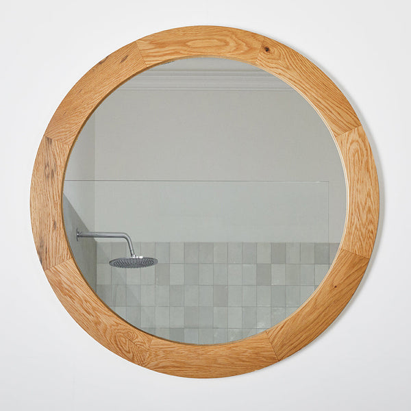 round mirror with wood frame in American Oak
