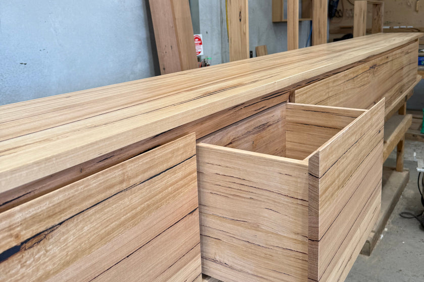 Messmate timber TV cabinet with drawers