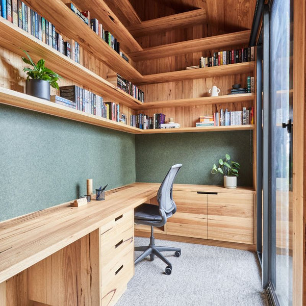 Study timber desk and shelving