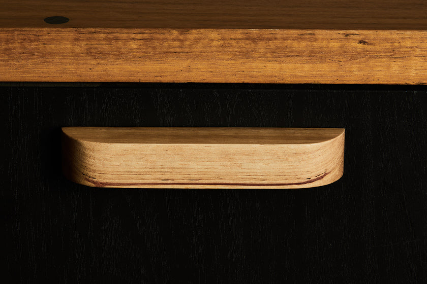 Timber linear drawer pull handle with curved ends