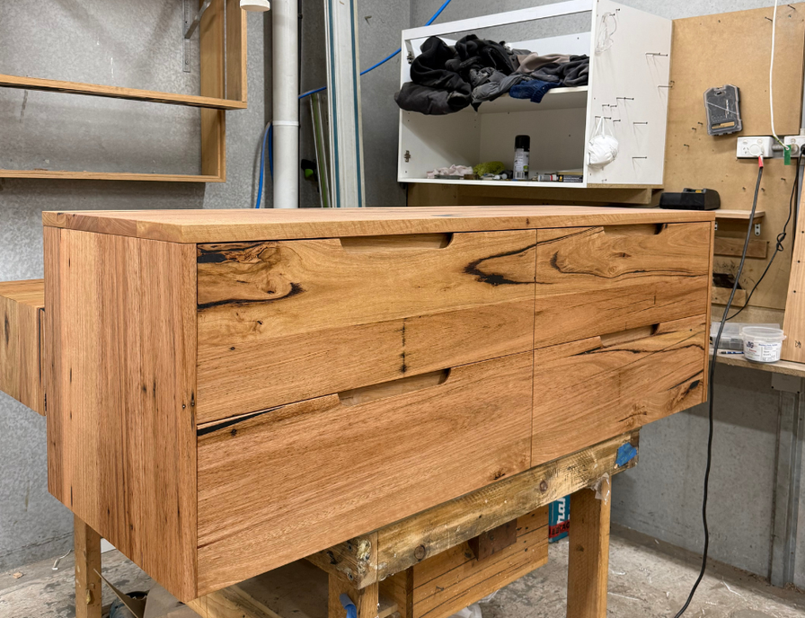 Messmate timber vanity with 4 drawers and integrated fingerpull handles