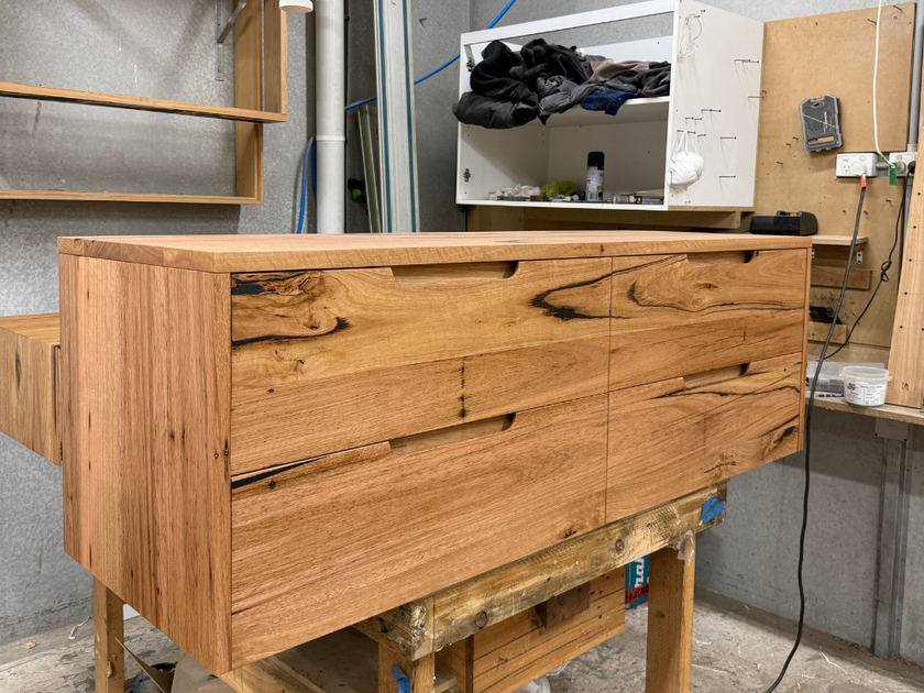 Messmate timber vanity with 4 drawers and integrated fingerpull handles
