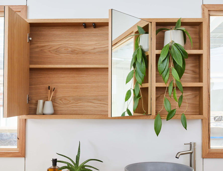 Custom made real wood shaving cabinet with open shelves