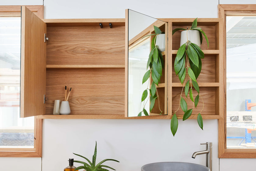 Custom made real wood shaving cabinet with open shelves
