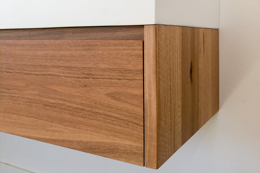 Shadow Line Pulls Bespoke timber vanity with white integrated basin and bench top ...