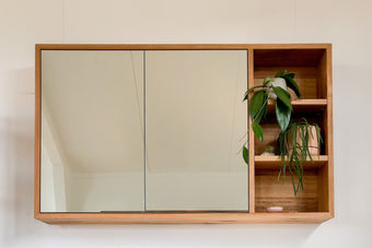 made to order timber bathroom cabinet with open shelves