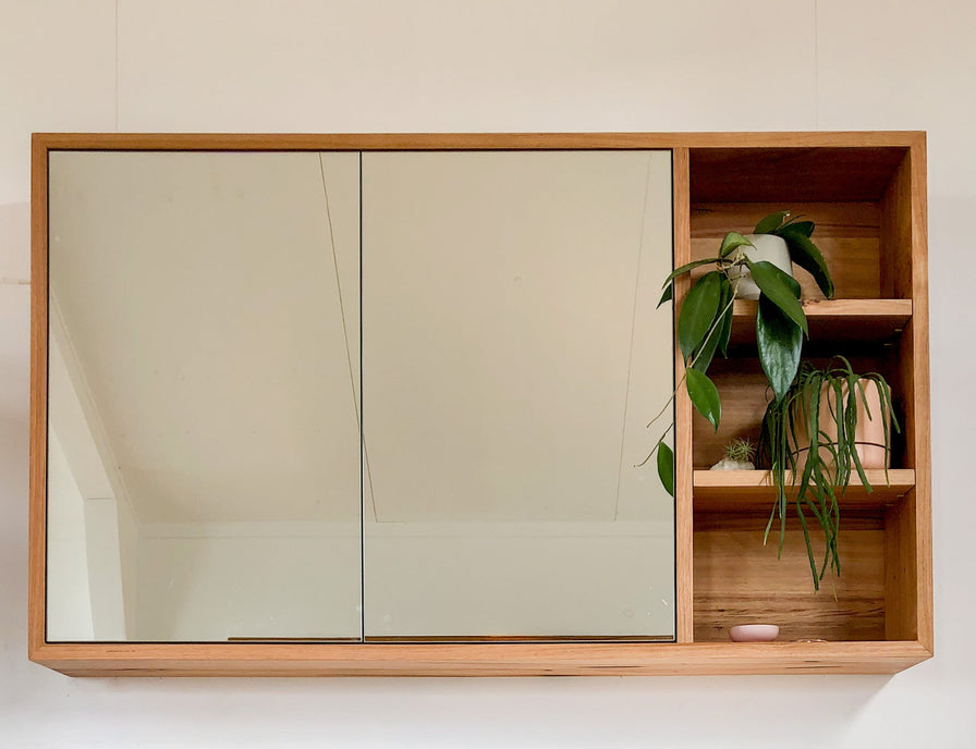 made to order timber bathroom cabinet with open shelves