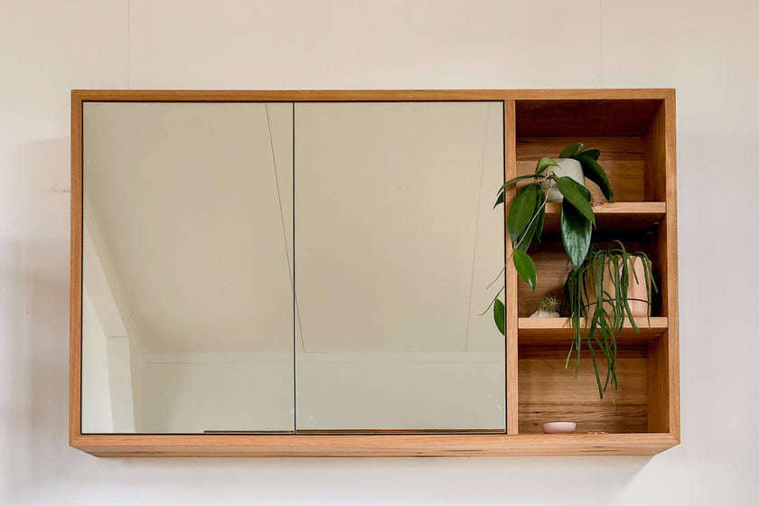 made to order timber bathroom cabinet with open shelves