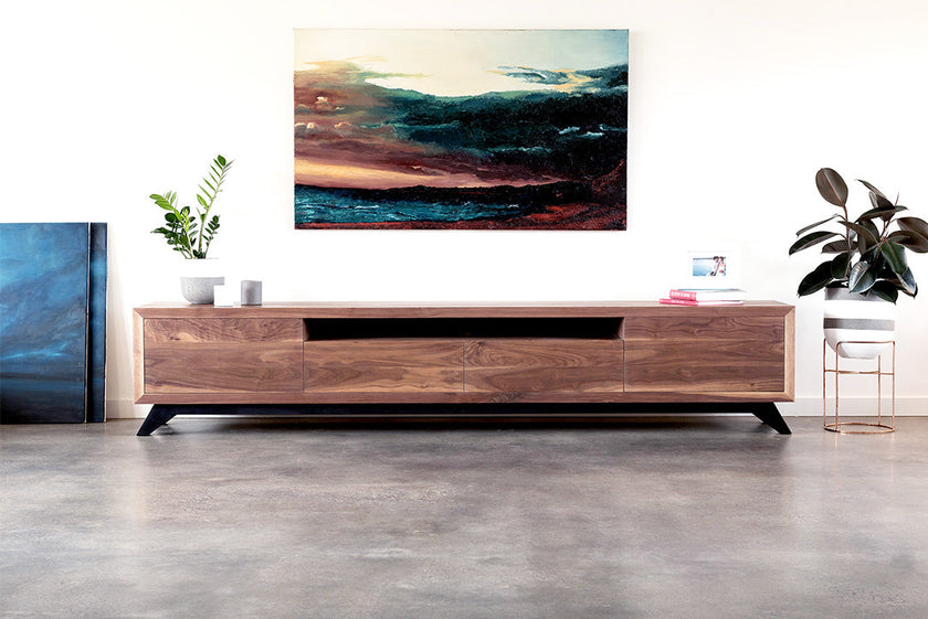 Timber Frame Tv Custom made TV unit created from solid timber and angled black legs