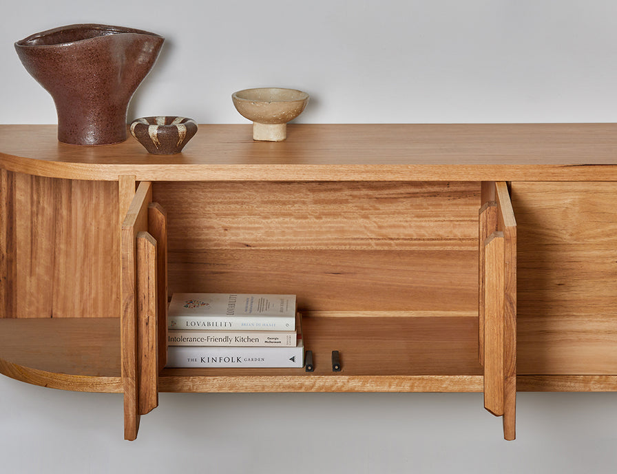 australian made timber tv cabinet with curved open shelves