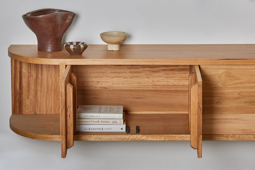 australian made timber tv cabinet with curved open shelves