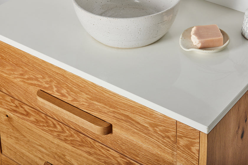 Custom timber vanity modern farmhouse style with white top 