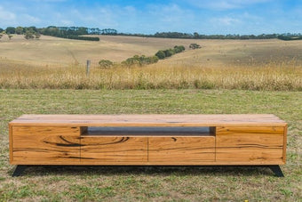 custom made timber TV unit with black legs